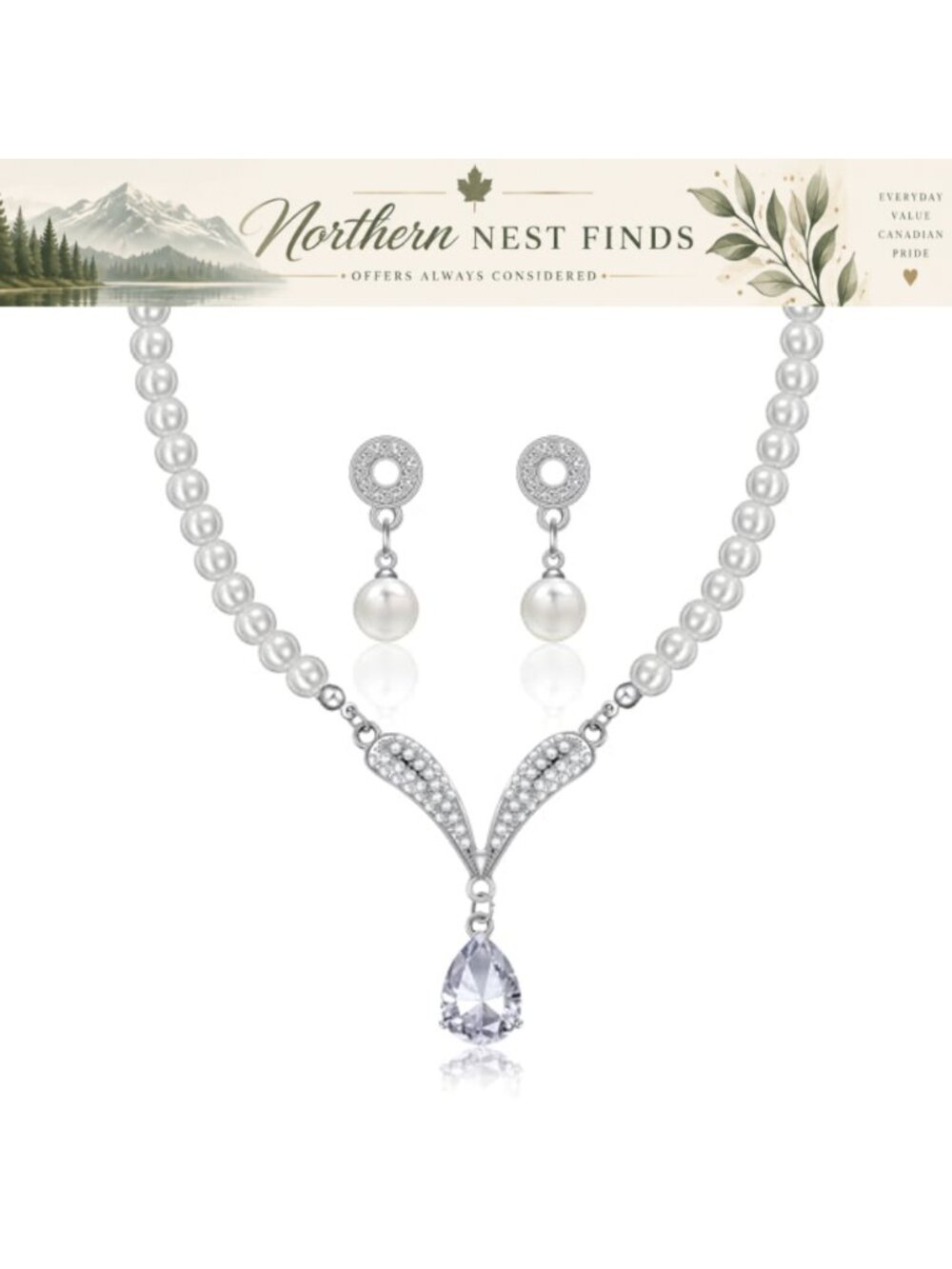 Pearl Jewelry Set Women Imitation Pearl Necklace Earrings Zinc Cubic Zirconia
